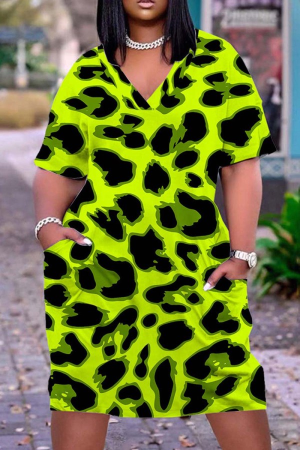 Fluorescent Yellow Casual Print Patchwork Basic V Neck Short Sleeve Dress
