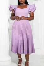 Light Purple Casual Solid Patchwork Square Collar Pleated Dresses