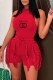 Red Street Print Tassel Letter O Neck Sleeveless Two Pieces