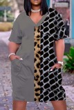 Dark Gray Casual Print Patchwork Basic V Neck Short Sleeve Dress