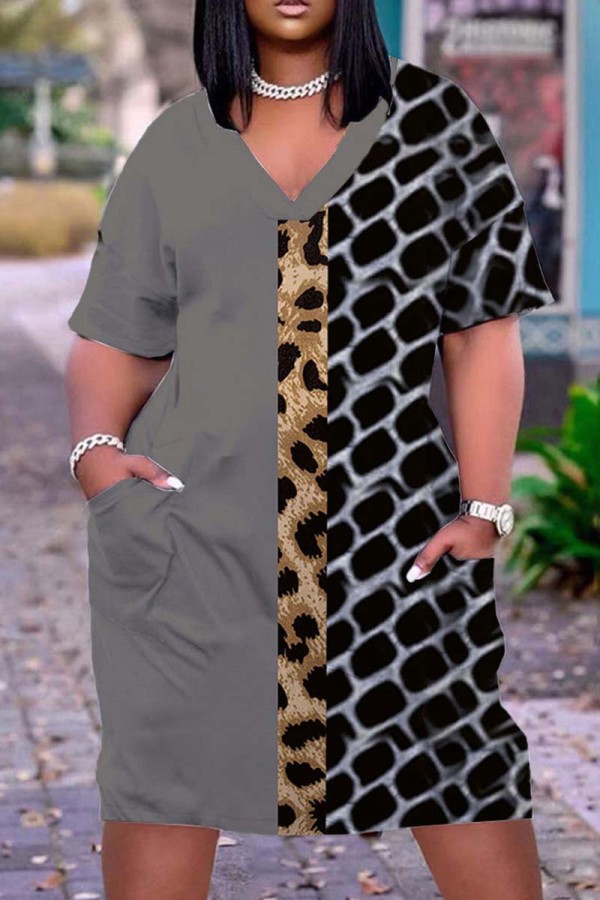Dark Gray Casual Print Patchwork Basic V Neck Short Sleeve Dress