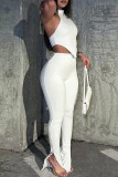 White Sexy Casual Solid Backless Asymmetrical Halter Sleeveless Two Pieces