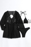 Black Sexy Solid Patchwork See-through Backless Swimsuit Three Piece Set (With Paddings)
