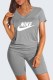 Grey Casual Print Letter V Neck Short Sleeve Two Pieces