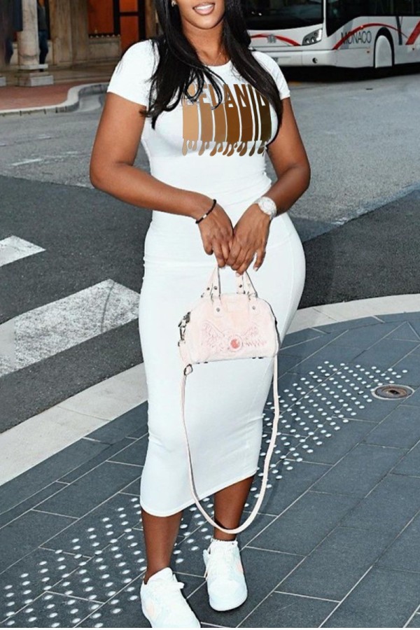 White Casual Print Basic O Neck Short Sleeve Dress