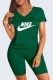 Green Casual Print Letter V Neck Short Sleeve Two Pieces