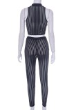 Black Sexy Casual Striped See-through Half A Turtleneck Sleeveless Two Pieces