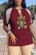 Burgundy Street Print Tassel V Neck T-Shirts