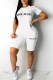 White Casual Print Letter O Neck Short Sleeve Two Pieces