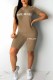 Brown Casual Print Letter O Neck Short Sleeve Two Pieces
