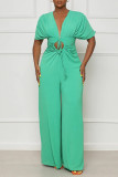 Green Sexy Solid Bandage Patchwork V Neck Jumpsuits