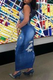 Blue Sexy Print Ripped O Neck Sleeveless Dress Dresses