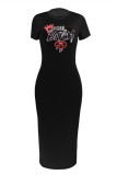 Black Casual Print Basic O Neck Short Sleeve Dress