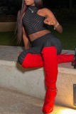 Black Sexy Casual Striped See-through Half A Turtleneck Sleeveless Two Pieces