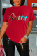 Red Casual Daily Print Patchwork Letter O Neck T-Shirts