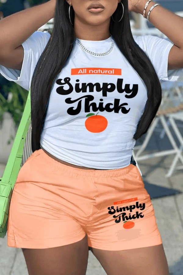 Orange Casual Letter Print Basic O Neck Short Sleeve Two Pieces
