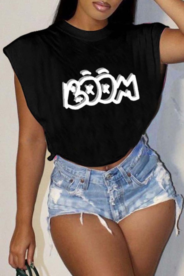 Black Casual Letter Print Patchwork O Neck T-Shirts