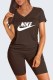 Coffee Casual Print Letter V Neck Short Sleeve Two Pieces