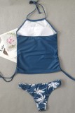 Blue Sexy Print Draw String Frenulum Backless Swimwears (With Paddings)