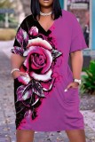 Purple Casual Print Patchwork Basic V Neck Short Sleeve Dress