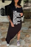 Grey Casual Letter Print Patchwork Oblique Collar Irregular Dress Dresses
