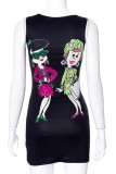Black Sexy Print Basic O Neck Sleeveless Dress Dresses