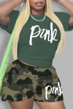 Green Casual Letter Print Basic O Neck Short Sleeve Two Pieces