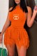 Orange Street Print Tassel Letter O Neck Sleeveless Two Pieces