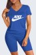 Blue Casual Print Letter V Neck Short Sleeve Two Pieces