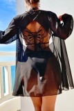 Black Sexy Solid Patchwork See-through Backless Swimsuit Three Piece Set (With Paddings)