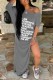 Grey Casual Letter Print Patchwork Oblique Collar Irregular Dress Dresses