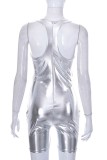 Silver Sexy Solid Backless U Neck Skinny Romper