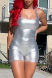 Silver Sexy Solid Backless U Neck Skinny Romper