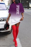Purple Casual Gradual Change Plaid Print Basic O Neck T-shirt Dress Short Sleeve Dress