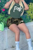 Green Casual Letter Print Basic O Neck Short Sleeve Two Pieces