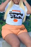 Orange Casual Letter Print Basic O Neck Short Sleeve Two Pieces