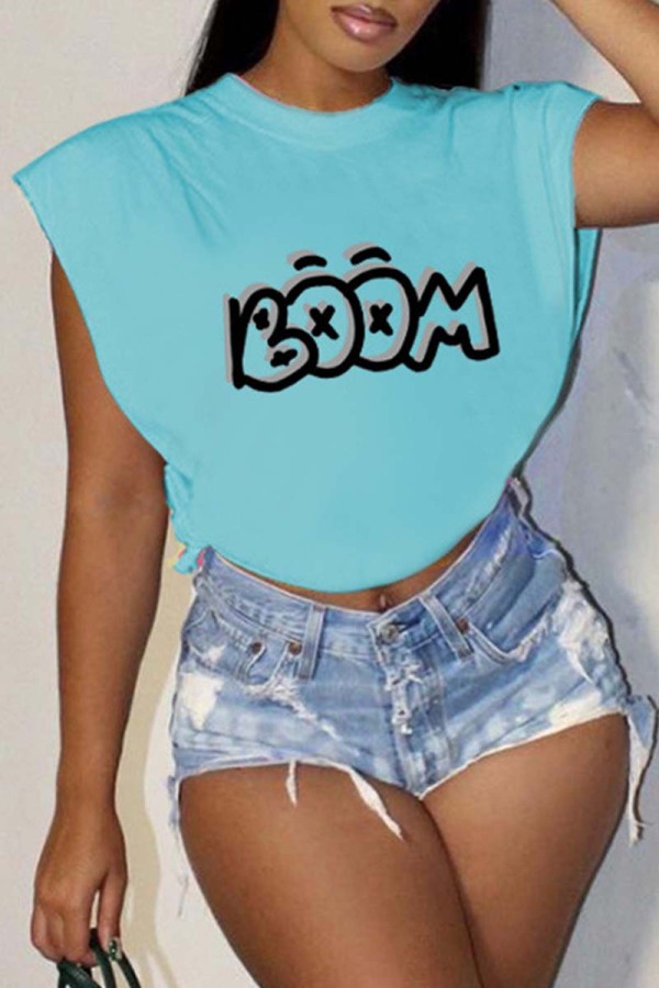 Baby Blue Casual Letter Print Patchwork O Neck T-Shirts