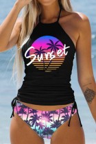 Colour Sexy Print Draw String Frenulum Backless Swimwears (With Paddings)