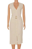 Yellow Casual Solid Patchwork Buckle Slit V Neck Straight Dresses(Without Belt)