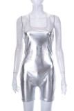 Silver Sexy Solid Backless U Neck Skinny Romper