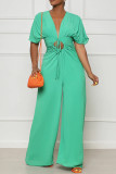 Green Sexy Solid Bandage Patchwork V Neck Jumpsuits