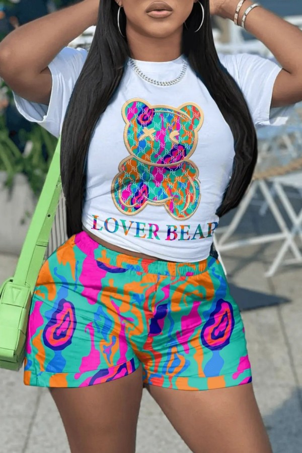 Green Casual Print Basic O Neck Short Sleeve Two Pieces