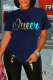 Navy Blue Casual Daily Print Patchwork Letter O Neck T-Shirts