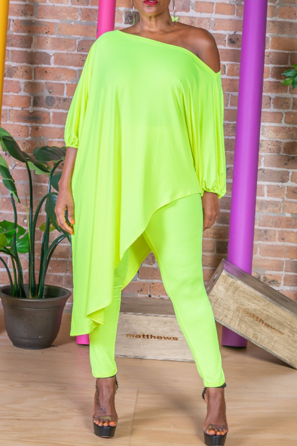 Fluorescent Green Casual Solid Patchwork Off the Shoulder Long Sleeve Two Pieces