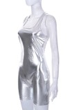 Silver Sexy Solid Backless U Neck Skinny Romper