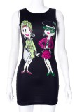 Black Sexy Print Basic O Neck Sleeveless Dress Dresses
