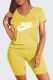 Yellow Casual Print Letter V Neck Short Sleeve Two Pieces