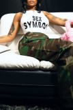White Casual Letter Print Basic O Neck Tops
