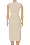 Yellow Casual Solid Patchwork Buckle Slit V Neck Straight Dresses(Without Belt)