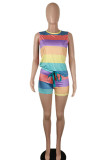 Colour Casual Striped Print Patchwork O Neck Sleeveless Two Pieces
